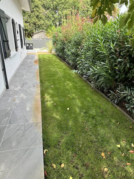 Engazonnement, Création de Boulodrome, Système d'Arrosage et Plantations : Transformation d'un Jardin Particulier à Hourtin