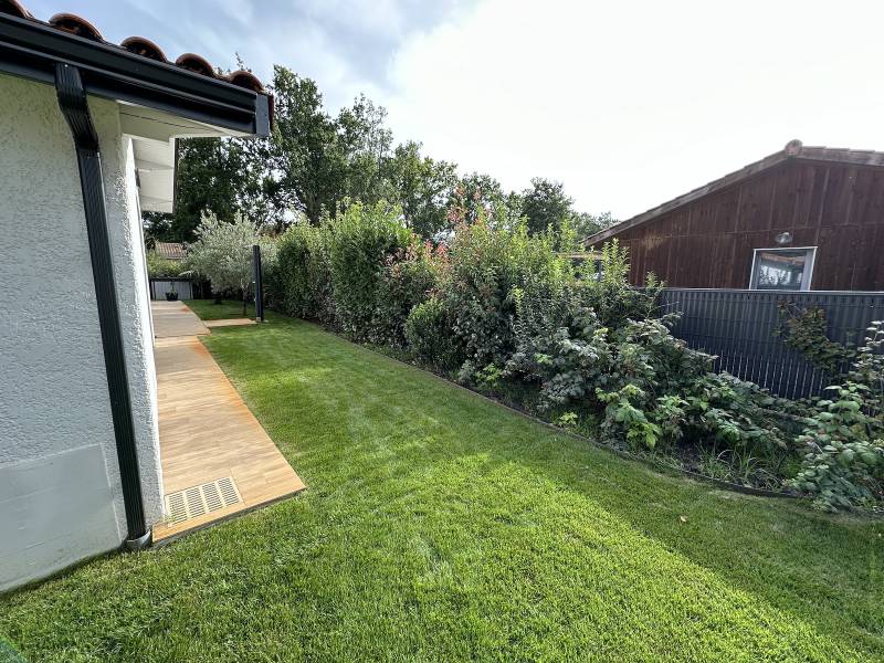 Engazonnement, Création de Boulodrome, Système d'Arrosage et Plantations : Transformation d'un Jardin Particulier à Hourtin